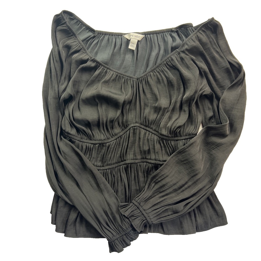 Nine West Peplum‎ Blouse Womens Black Long Sleeve Smocked Romantic Goth Boho M
